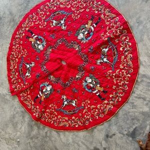 Vintage Christmas Tree Skirt Santa Rocking Horse Blue Birds French Horn Red 55”